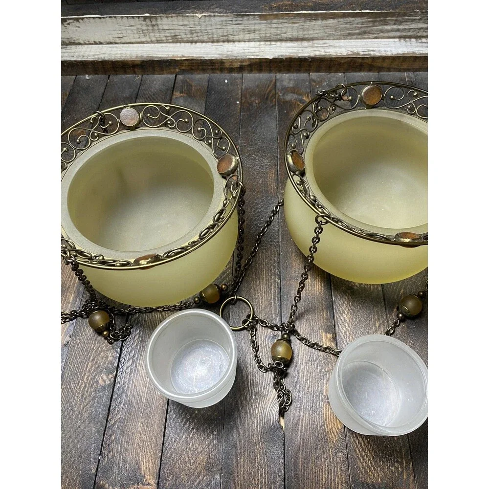 PartyLite Frosted Amber Glass Hanging Votive Candle Holders Pair Ornate Brass - Picture 6 of 9